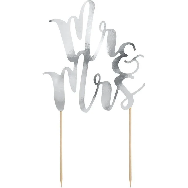partydeco Tortenstecker, Cake Topper Mr & Mrs / Hochzeit 25.5cm, silber – Bild 1