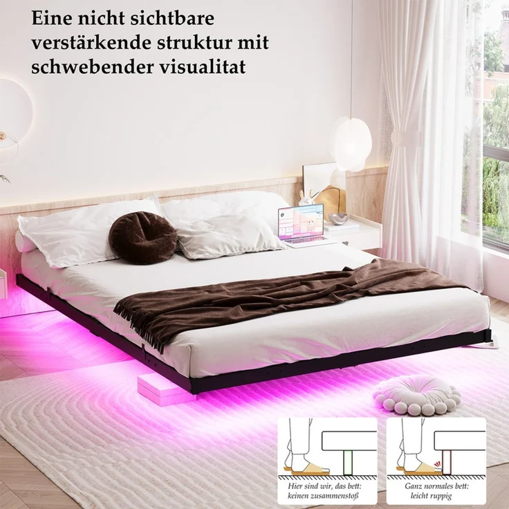 Homerecommend Schwebebettrahmen Metallbett 140x190 cm, für Schlafzimmer & Jugendzimmer, mit LED-Beleuchtung & integrierter Ladestation (1 Steckdose, 2 USB), Vintage Schwarz – Bild 3