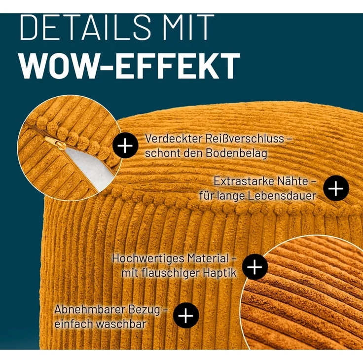 Lumaland Sitzsack Pouf aus Cord | Kompakter 50L Gaming Pouf mit 3-in-1-Funktion: bequemer Hocker, praktisches Tischchen & stylischer Indoor Fußschemel | Ø 25x45 cm [Senfgelb] – Bild 4