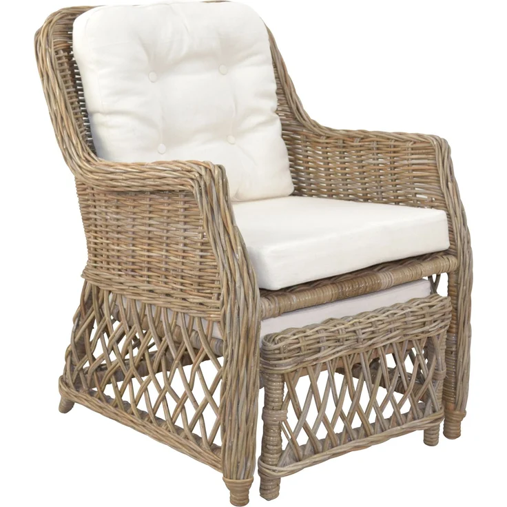 Rattansessel, Relaxsessel mit ausziehbarem Fußteil, handgeflochten, naturgrau – Bild 2