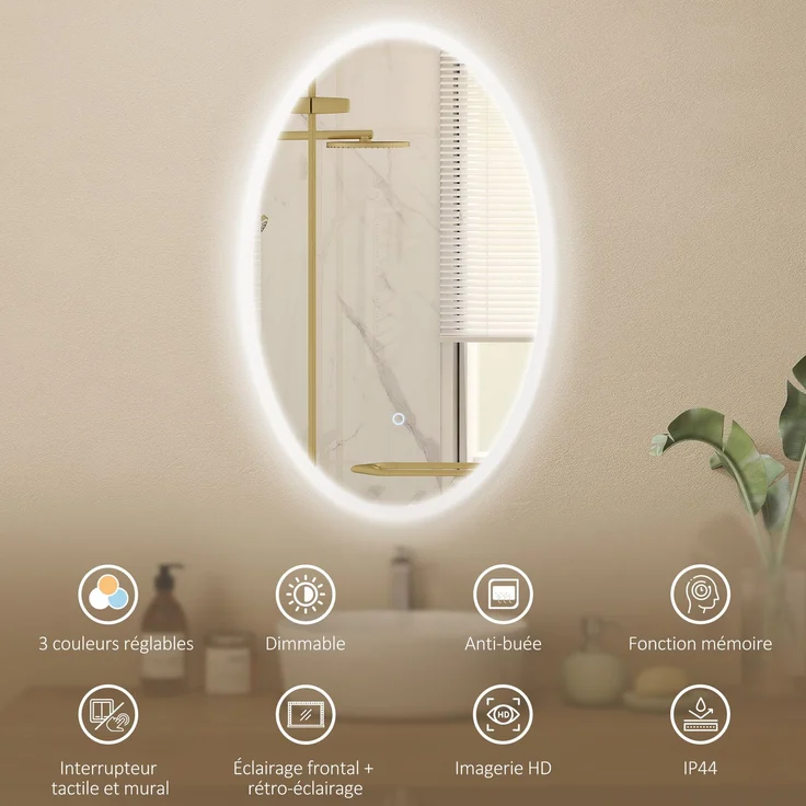 Badezimmerspiegel mit Beleuchtung 80 x 50 cm, ovaler LED-Spiegel, beschlagfrei, 3 Lichtfarben, dimmbar, transparent – Bild 6