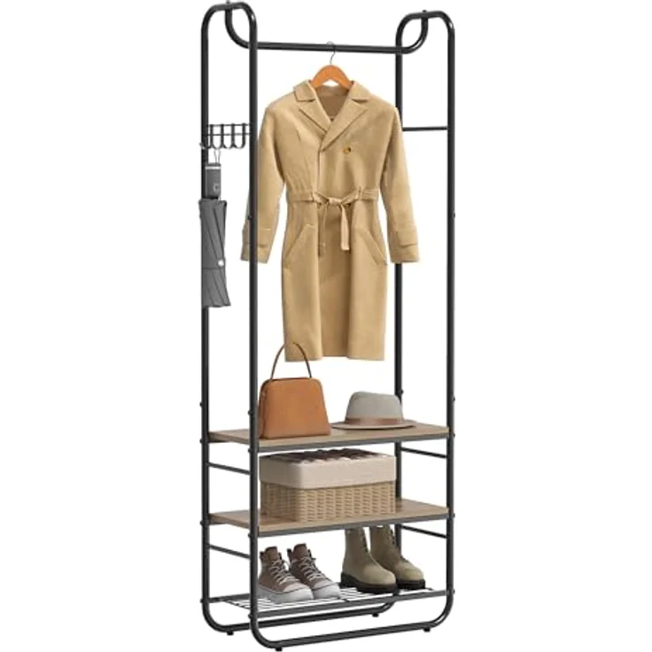 VASAGLE Garderobenständer, Garderobe, Kleiderständer, mit Schuhablage, Schuhregal, Flur, Schlafzimmer, 58 x 28 x 181 cm, skandinavisch, tintenschwarz-kamelbraun HSR081K01 – Bild 2