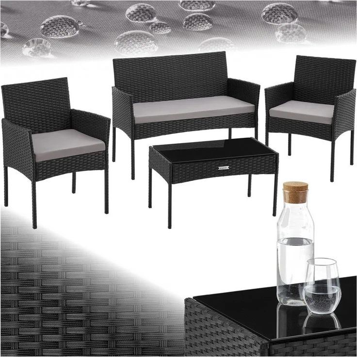 tectake Sitzgruppe Rattan Gartenset, (Set, 4-tlg), Wasserabweisende, abnehmbare und waschbare Polyesterbezüge – Bild 1