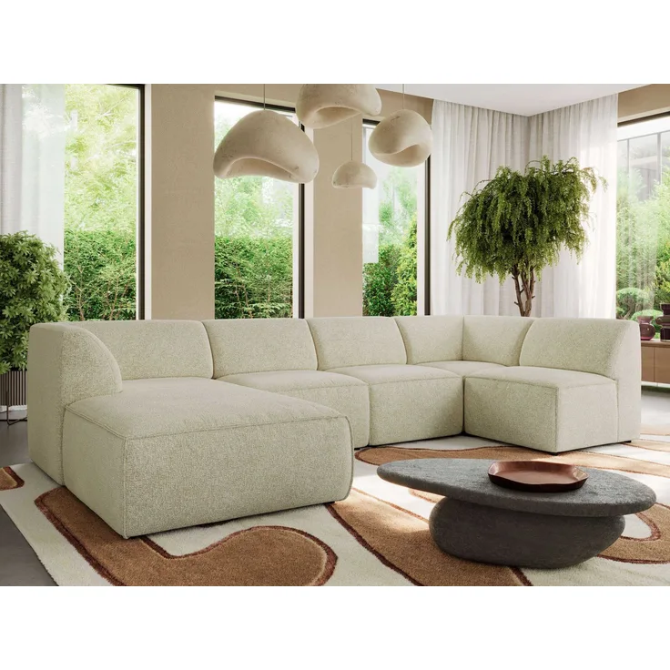 Modulares XXL-Ecksofa MODARO 5M, U-Form, Wohnlandschaft, 5-teilig, freistehend, Wohnzimmer Couch, HR-Schaumstoff - Creme Stukture - Links
