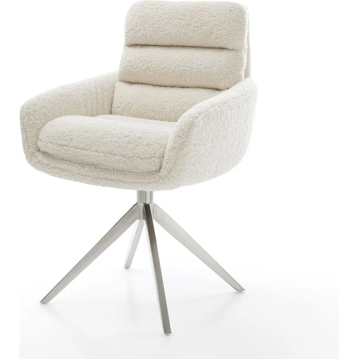 Drehstuhl Abelia-Flex mit Armlehnen Teddystoff Beige Kreuzgestell breit Edelstahl 360° drehbar Wippfunktion