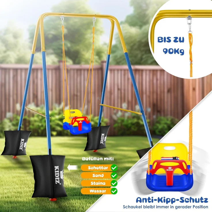 KIDIZ® Babyschaukel mit Gestell 3in1 Kinderschaukel mitwachsend für Babys ab 6 Monate & Kinder bis 10 Jahre für drinnen & draußen, bis 100kg belastbar, Schaukelgestell inkl. 4 Sandsäcke 5kg auffüllbar Bunt – Bild 8