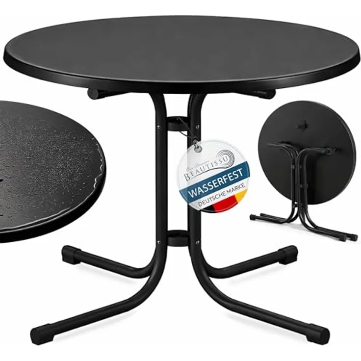 Beautissu Bistrotisch Outdoor Rund Ø 80 cm Wasserfest – Beistelltisch Balkontisch Wetterfest Gartentisch Rund Klappbar 70 cm hoch – Campingtisch Partytisch Esstisch Gastro – Schwarz Bistroni
