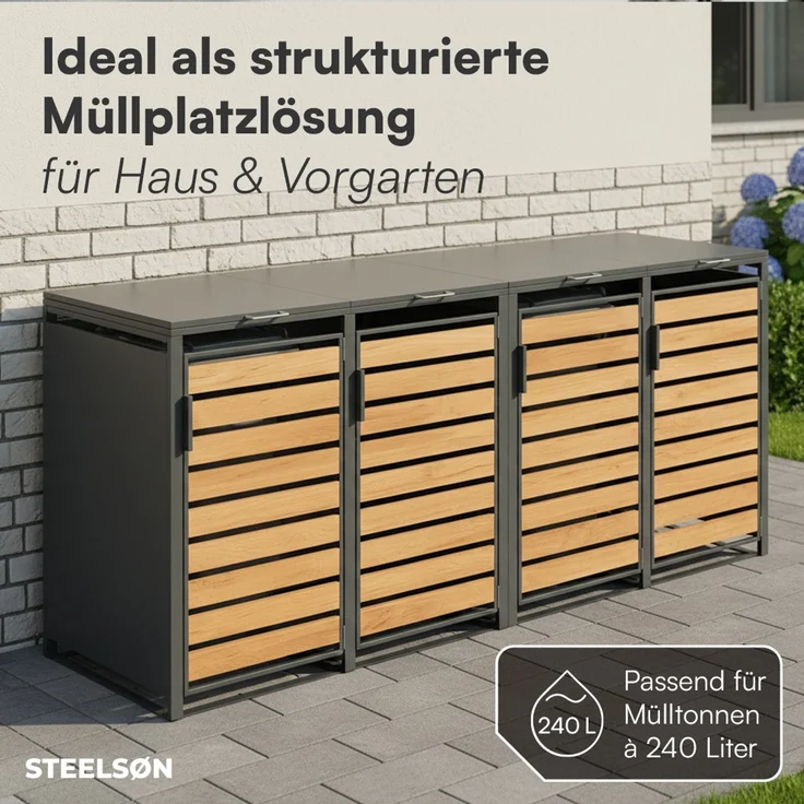 STEELSØN 'Kestra' Mülltonnenbox 4er je 240 Liter, anthrazit mit Holzoptik, Mülltonnenverkleidung aus Stahl, wetterfest, 116x80x268 cm, Müllbox für 4 Tonnen – Bild 3