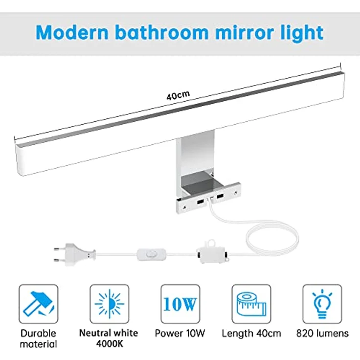 Aourow LED Spiegelleuchte Bad 10W,400mm 820lm Spiegelleuchte mit Schalter und Stecker,Neutralweiß 4000K Spiegellampe Badezimmer IP44 Wasserdicht 230V Badlampe Spiegel für Spiegelschrank – Bild 3