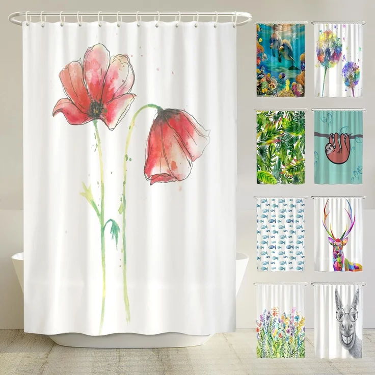 arteneur® - Mohnblume - Anti-Schimmel Duschvorhang 180x200 - Öko-Tex Standard 100 - Beschwerter Saum, Blickdicht, Wasserdicht, Waschbar, 12 Ringe