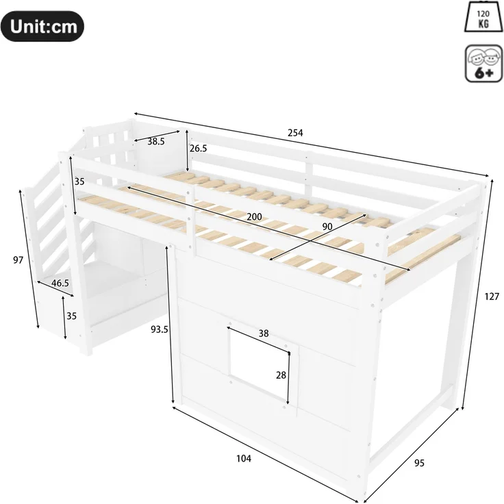 EINHOM 90 x 200 Cmhochbett mit Stauraumtreppe und Fenster, 90 x 200 cm, Weiß, (Ohne Matratze) – Bild 2