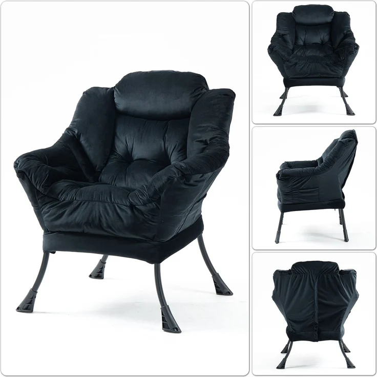Wohnora-Lazy Chair, Relaxing Chair with Metal Frame and a Side Pocket, Simple Style Comfy Chairs for Bedrooms Living Room Balcony,H 85cm x T 75cm x B 80cm,Schwarz – Bild 2