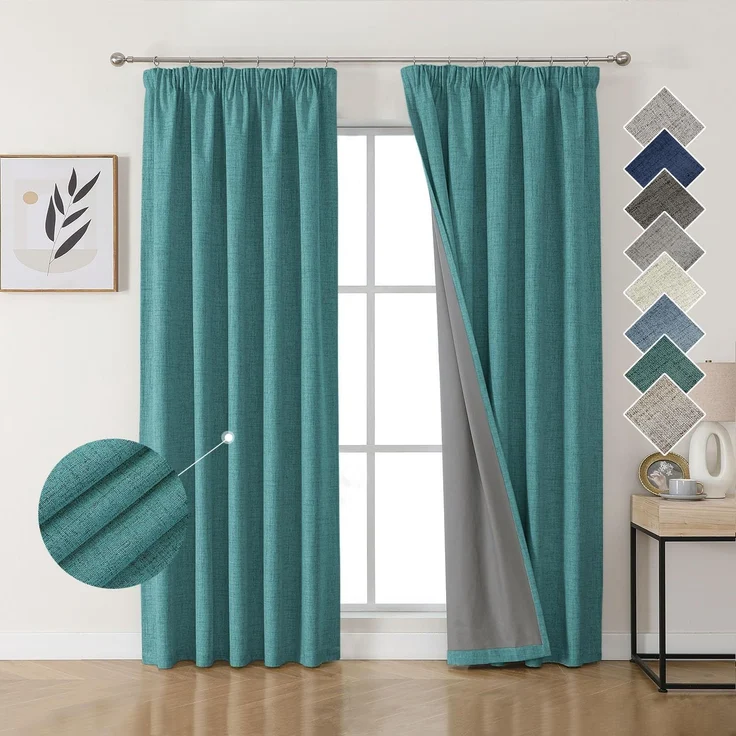 Joydeco 100% Verdunkelungsvorhänge Leinen Gardinen mit Kräuselband 2er Set H229xB117cm Grün, Thermovorhang Kälteschutz Blickdicht Schallschutz Ideal für Wohnzimmer passt zu Schienensystemen