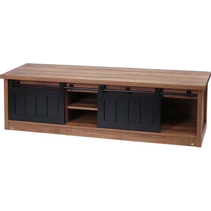 MCW TV-Rack K75, Braun, Holz, mit 2 Schiebetüren und 4 Fächern, 150x43x40 cm, ideal für Wohnzimmer