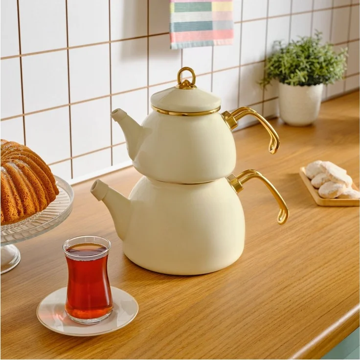 Karaca Teekanne Retro Emaille Teekannen Set, Creme Induktionsgeeignet – Bild 2