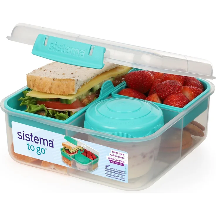 Sistema Bento Box TO GO Brotdose mit Fächern | 1,25 L Lunchbox mit Joghurt-/Fruchtbehälter | Lunchbox Kinder & Erwachsene | Blaugrün