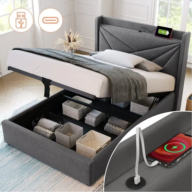 Odikalo Stauraumbett Polsterbett Jugendbett Bettkasten USB Typ C Kopfteil 90-180x200cm