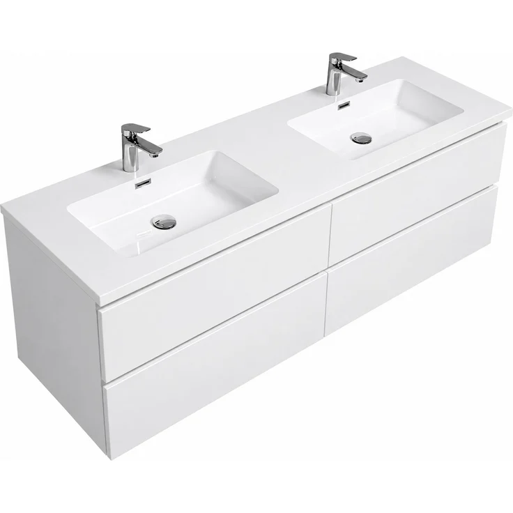 Badplaats Badmöbel Set mit Waschbecken und Unterschrank Angela 160 x 48 cm Weiß Hochglanz - Waschbeckenunterschrank mit Soft-Close und Doppelwaschbecken, Vorgemontiert – Bild 3