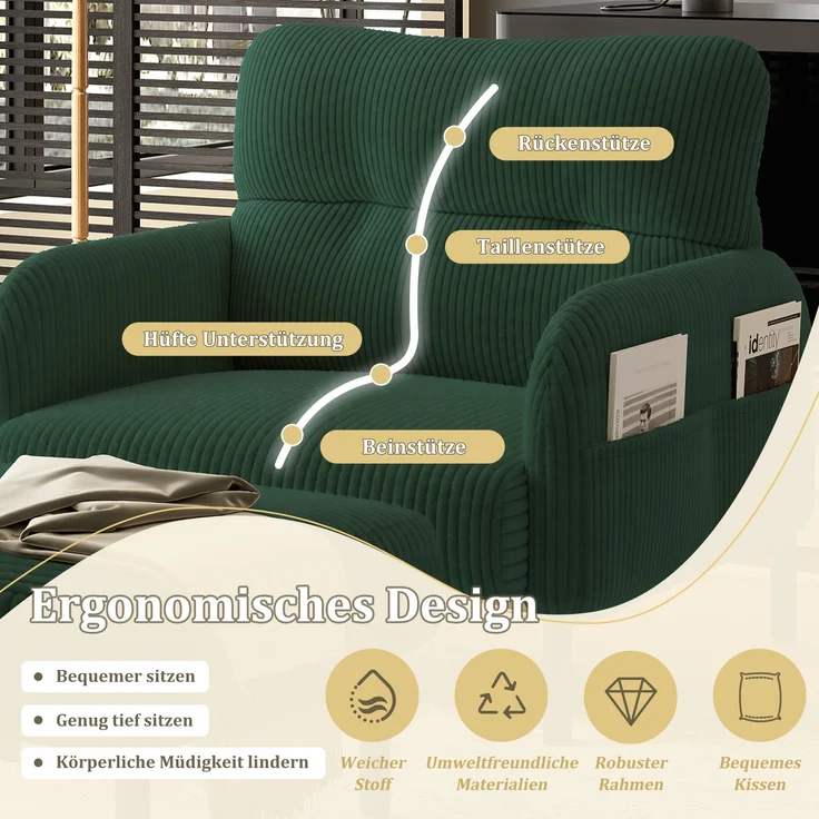 LVHOM Sessel mit Seitentaschen, Relaxsessel Cordstoff, Polstersessel Lehnstuhl Wohnzimmersessel mit Metallbeine – Bild 5