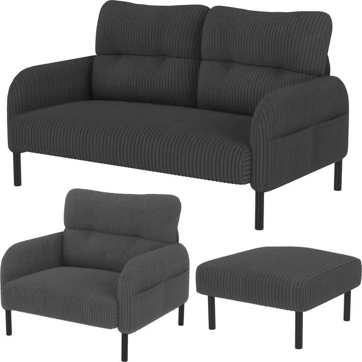 3-teilige Cord-Sitzgruppe aus 2-Sitzer-Sofa, Sessel und Hocker, gepolstertes Lounge-Set mit Seitentasche und Metall-Holz-Gestell, Grau – Bild 14