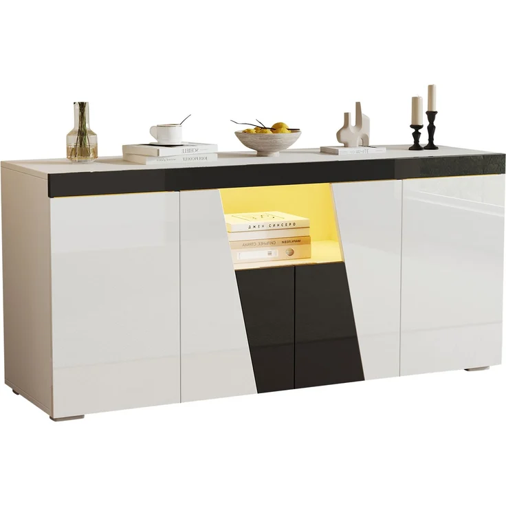 Merax 140 cm Sideboard, Großer Aufbewahrungsschrank mit 3 Schränken und 4 Türen, Abgewinkeltes Design + Schwarz-Weiß-Farbblockierung, Moderne Kommode mit LED-Lichtleiste – Bild 10