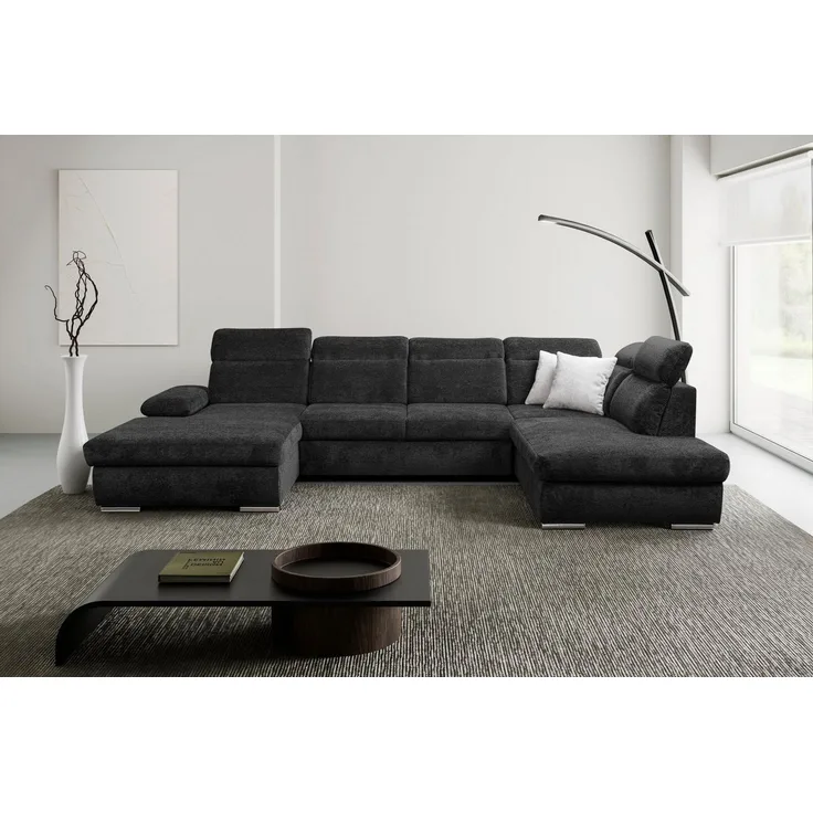 WERK2 Wohnlandschaft Cordoba inkl. Bett & Bettkasten, Kopfteilverstellung, zeitlos, bequem, Struktur weich, U-Form, XXL, Schlaffunktion, Bettkasten