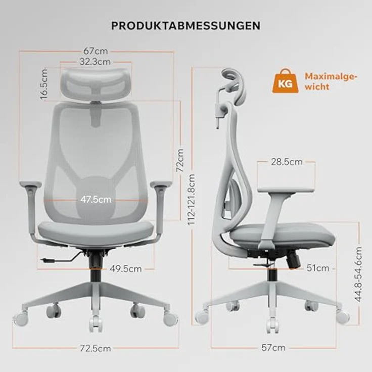 SENSE7 Gaming Stuhl Bürostuhl Ergonomisch Schreibtischstuhl Office Chair Chefsessel Drehstuhl Schreibtischsessel Verstellbar für Home Office Gamer bis 150kg Computerstuhl Bürosessel - MOYO Grau – Bild 3