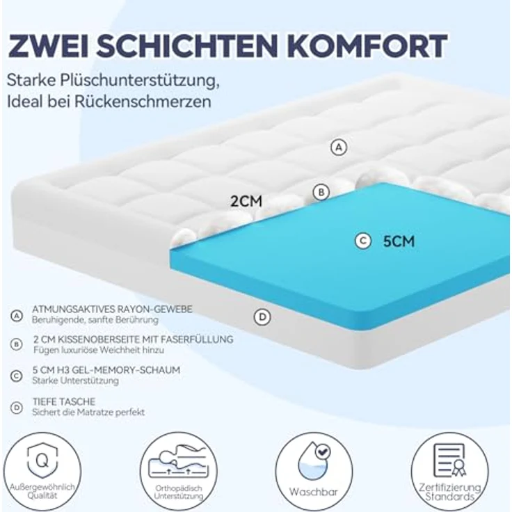 ELEMUSE Matratzen Topper 180x200 cm, H3 Gel Topper mit Waschbarem Flauschigem Bezug und Gelschaum, 7CM Höhe Weicher und Bequemer Matratzentopper für Boxspringbett und Unbequeme Betten Schlafsofa – Bild 3