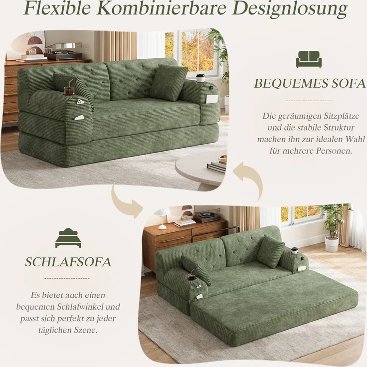 TavilaEcon 2-Sitzer Schlafsofa, komprimiertes Cord Sofa mit hoher Rückenlehne grün 81 × 80 × 168 cm (H × T × B) – Bild 3