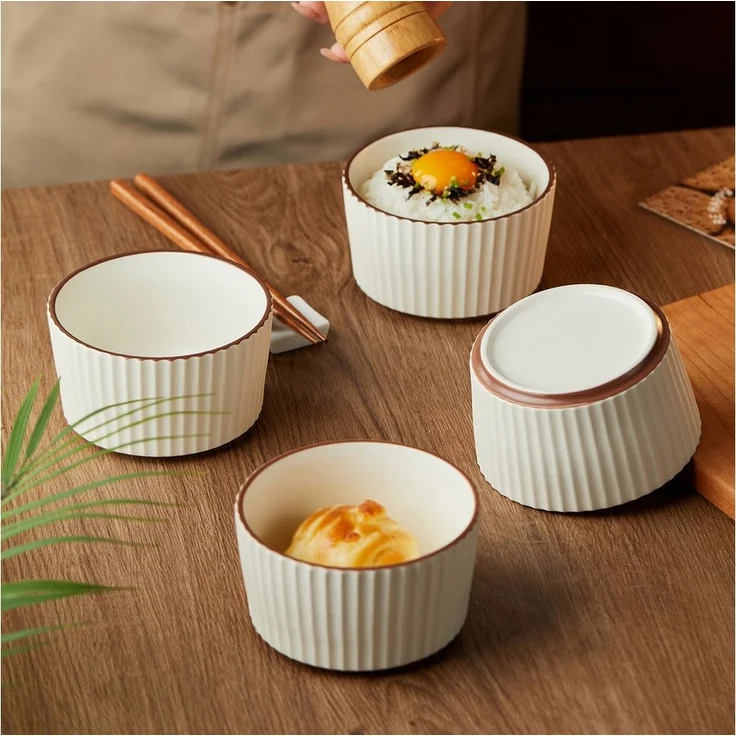 JIWOO Schale 4er Ø11cm,Müslischale Eisschale Dessertschale Obstschale Snackschale, Keramik, (Schaleset, 4-tlg), Hochwertiges Schalen Beige Mikrowellenofen Spülmaschine Ø 11cm – Bild 2