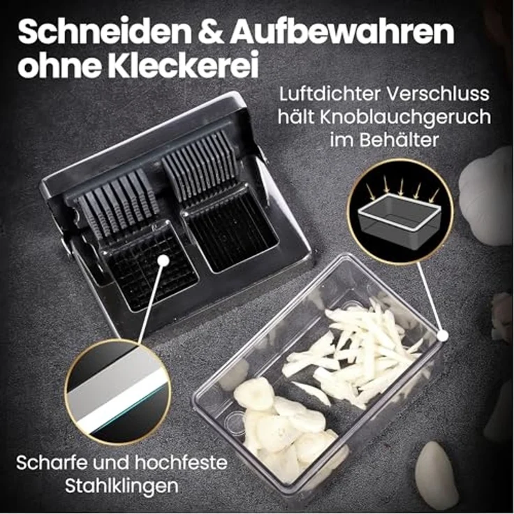 Knoblauchschneider Deluxe, Knoblauchschneider Deluxe, Edelstahl, 2-in-1 Hacker & Slicer mit Behälter – Bild 5