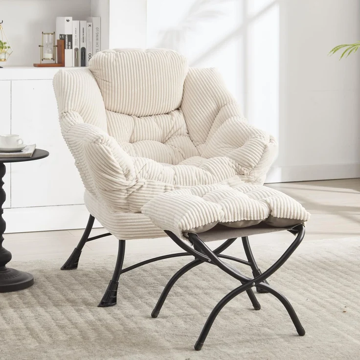 LVHOM Relaxsessel mit Hocker, Loungesessel mit Seitentasche, Lesesessel aus Cordstoff, bequem gepolstert, Metallgestell, bis 180kg belastbar, Weiß – Bild 3