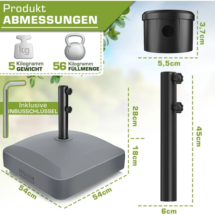 tillvex® Sonnenschirmständer PAVERA mit Rollen & Bremsen Anthrazit | Schirmständer befüllbar 37 Liter / 56 kg | Schirmgewicht Sonnenschirm & Marktschirm Ø 1,8-3,7m | Ampelschirmständer wetterfest – Bild 3