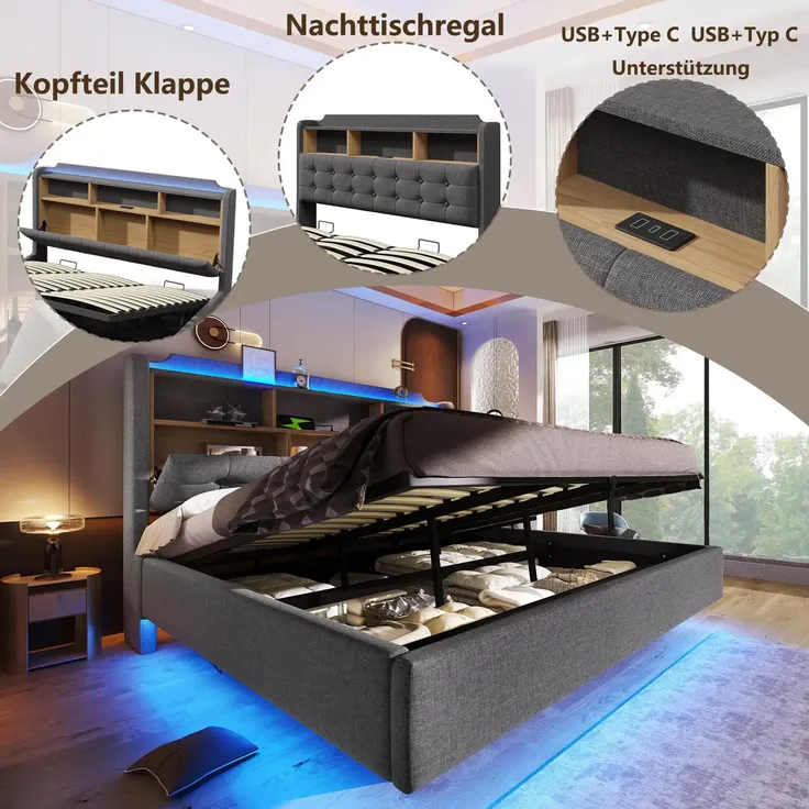 Polsterbett mit LED-Streifen, Type-C, USB und Stauraum, in schwebender Optik, gepolsterter Kopfteil, 180x200 cm, Doppelbett, Stauraumbett, Leinen – Bild 4