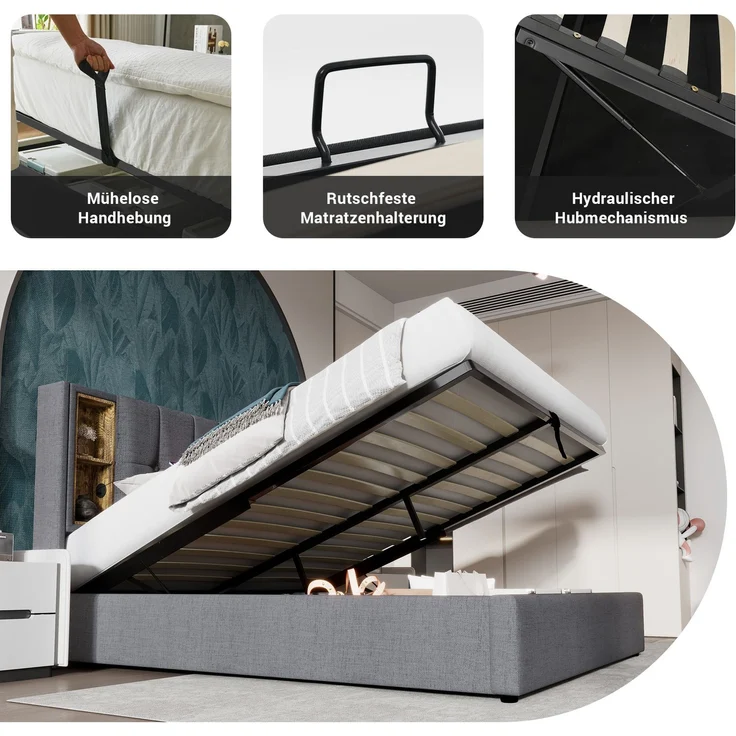 EINHOM Doppelbett 180x200cm mit Stauraum Lattenrost, Polsterbett mit Kabellosem Laden USB C, Leinen, Grau (Ohne Matratze) – Bild 7