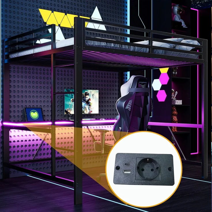 Hochbett mit RGB LED-Streifen, Schreibtisch, Trittleiter, Lattenrost, Steckdose, USB und Type-C, 160x200 cm, Kinderbett mit Rausfallschutz, Metallbett – Bild 3