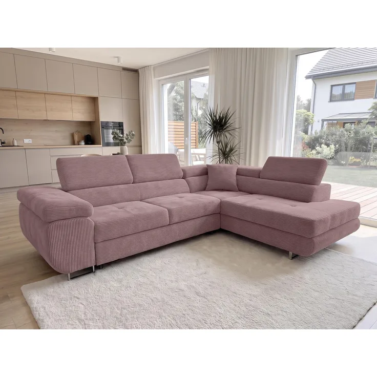 AX LIVING Konak Cord-Schlafsofa R Rosa 276 cm breit mit Bettkasten, Kopfstützen