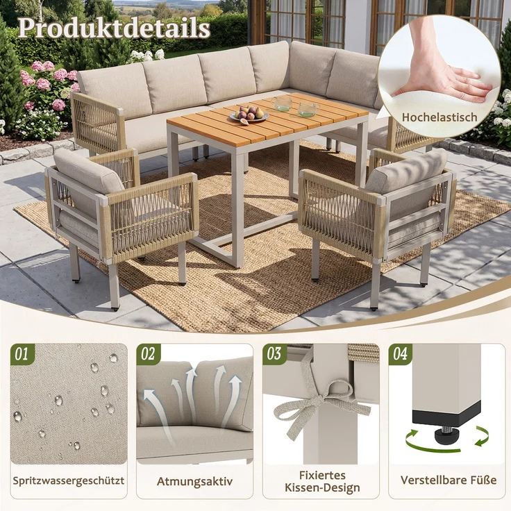 Merax 6-teiliges Gartenlounge-Set, Ecksofa mit 2 Sesseln & Tisch, wetterfestes Stahlgestell, Seilgeflecht-Design, Outdoor Lounge für Balkon & Terrasse, Beige – Bild 6