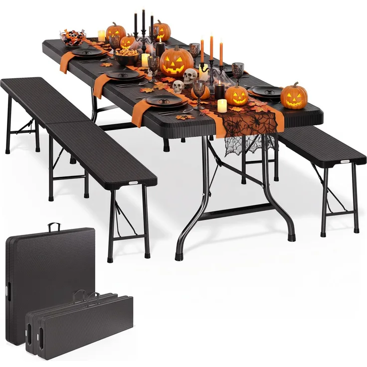 Casaria 'Malmö' Bierzeltgarnitur, 3-teilig, klappbar, Polyrattan schwarz, 180 x 75 x 73 cm