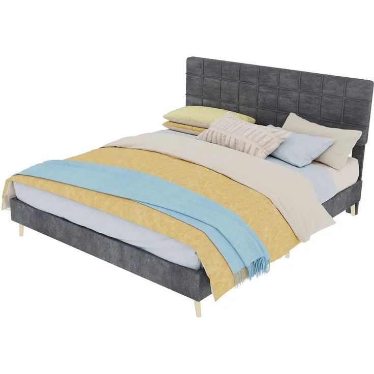Novelux Polsterbett 160x200 cm mit gepolstertem Kopfteil im Karomuster - Stabiles Stoffbett Doppelbett mit Massivholzfüßen, Dunkelgrau, Skandinavisch