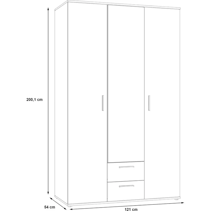 Forte Nano Kleiderschrank 120, Drehtürenschrank mit 2 Schubladen, Einlegeböden und Spiegel, Holzwerkstoff, Sonoma Eiche Dekor, 121 cm breit, 200,1 cm hoch, 54 cm tief – Bild 2