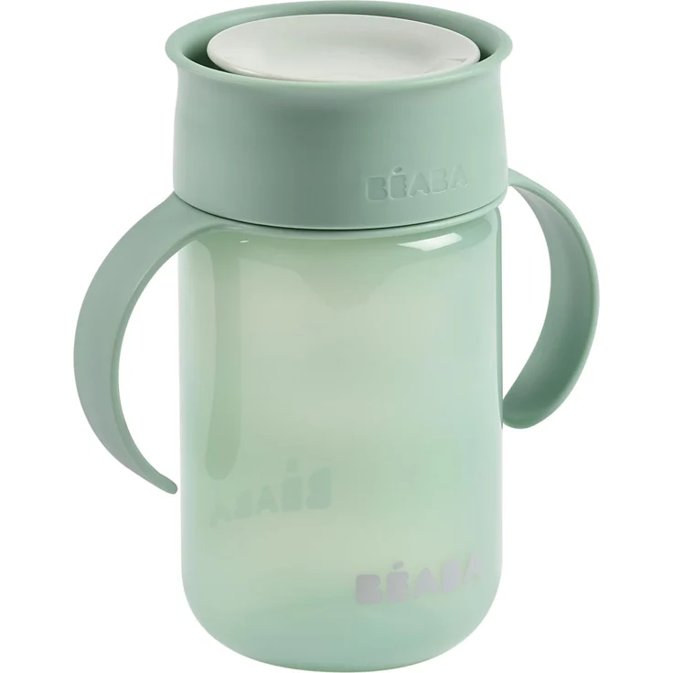 Béaba, 360°-Lernbecher mit Tropfstopp, Trinklernbecher, Patentierter Auslaufsicherer, ab 12 Monaten, Abnehmbare Griffe, mit Hygienedeckel, Trinkbecher Stabil, Leicht, 340 ml, Salbeigrün