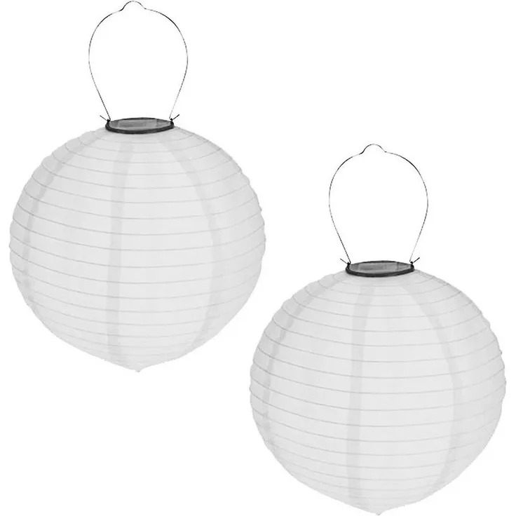 HAC24 LED Lampion 2x Deko Lampenschirm Lampe Party Garten Kugel Laterne, LED fest integriert, Weiss, Solar, Ø 20 cm, mit Haken zum Aufhängen