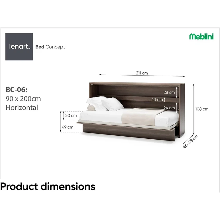 MEBLINI Schrankbett BC-06 - 90x200cm Horizontal - Dunin Eiche mit Matratze - Wandbett mit Lattenrost - Klappbett mit Schrank - Wandklappbett - Murphy Bed - Bettschrank – Bild 3
