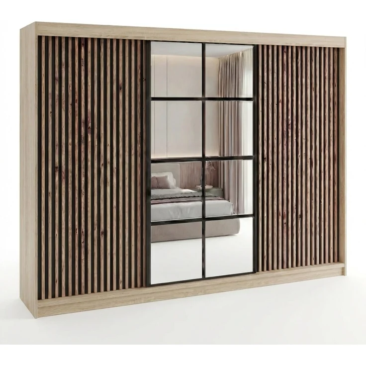 A&J MöbelLand 'NORIVO' Schwebetürenschrank, 200 cm, mit Spiegel und 3D-Lamellen, Sonoma, Lamellen: Schwarz, Premium – Bild 2
