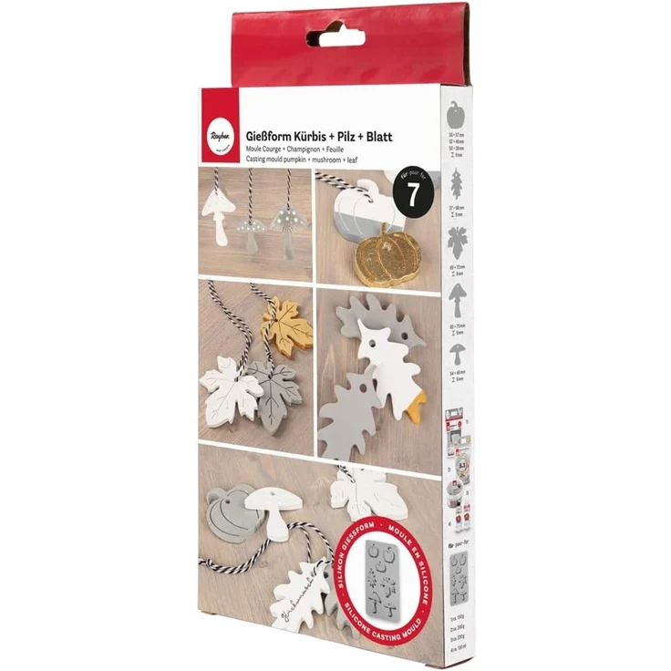 Silikon Gießform Kürbis, Pilz, Blatt, 14,5x26x1cm, 7 Formen, Box...