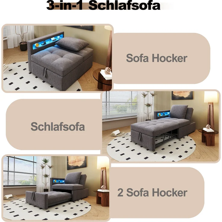 Merax Polsterbett Schlafsofa 3 in 1 Multifunktions-Schlafsofa, Leinenstoffsofa mit verstellbarer Rückenlehne, Die Armlehne verfügt über LED-Lichtleisten und USB-/Typ-C-Anschlüsse, Dunkelgrau – Bild 9