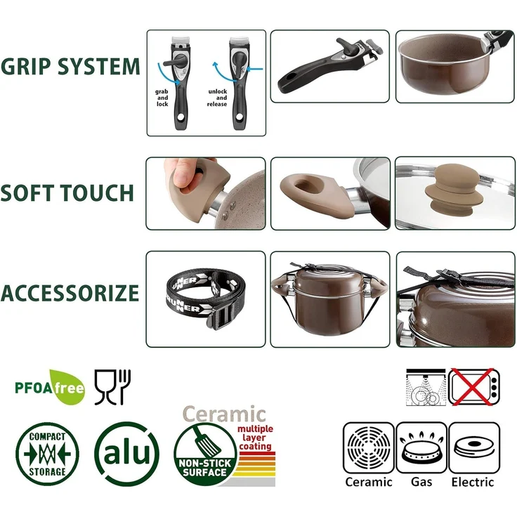 BRUNNER Topf-Set BRUNNER Camping Kochtöpfe Alu CHOCOLATE Platzsparend, Stapelbar, (7-tlg) – Bild 6