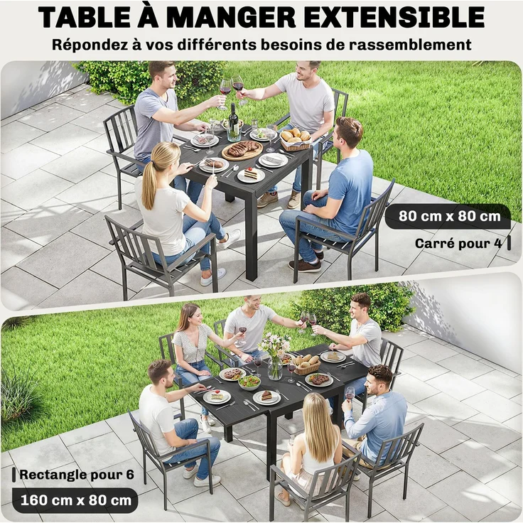 Ausziehbarer Gartentisch für 4–6 Personen mit integrierter Verlängerung, Aluminium, 80–160 x 80 cm, schwarz – Bild 6