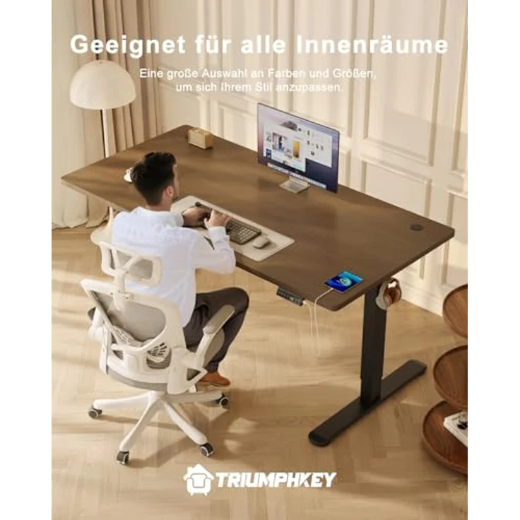 TRIUMPHKEY Höhenverstellbarer Schreibtisch 140x70, 18mm Tischplatte & USB-A | Schreibtisch Höhenverstellbar mit 3 Memory-Steuerung,Sitz‑Erinnerung & Kabelmanagement, Computertisch,Standing Desk,Walnuss – Bild 7